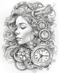 Portrait of a girl in steampunk style with mechanisms, gears, watch dials. made in the style of a page for a coloring book.