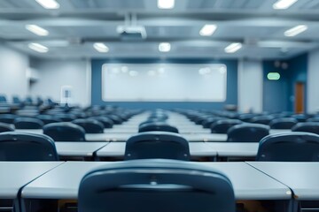 Fototapeta premium Blurred empty university classroom with chairs and tables no students present. Concept University, Classroom, Empty, Blurred, Interior