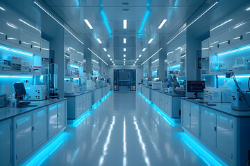 Sterile and Organized Laboratory Workspace with Rows of Neatly Arranged Medical Equipment and Futuristic Lighting