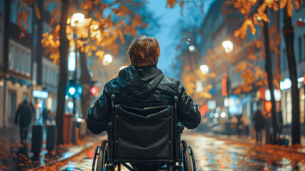 A disabled man in a wheelchair in traffic