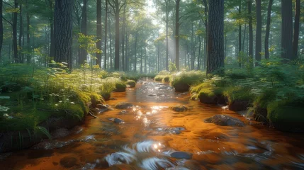 Rolgordijnen A beautiful forest landscape with a river as a digital illustration © senadesign
