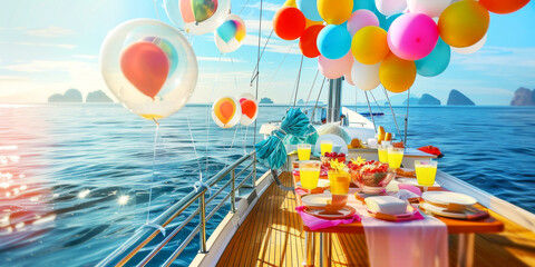 Bright party on a ship  with balloons . Summer travelling illustration.