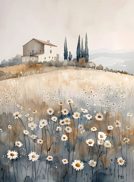 Watercolor painting of daisies field with house in background under morning sky