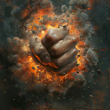 An intense image of a clenched fist punching through a wall, with fire and smoke emanating from the impact Power, destruction.