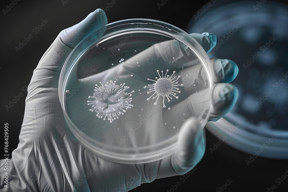 Wall mural a gloved hand holds a petri dish with a bacterial culture. an agar plate full of microbacteria and m