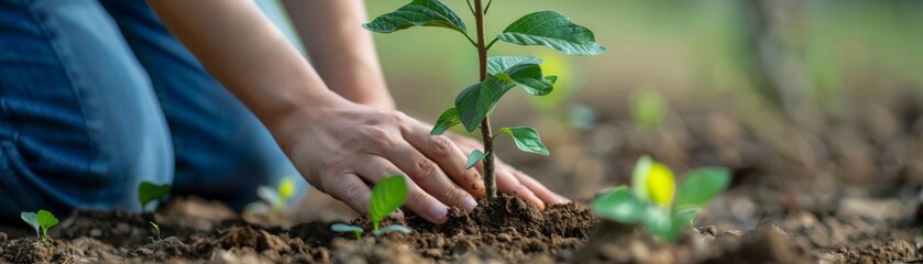 Close-up of a volunteers hands planting a new tree, signifying growth, community involvement, and environmental care Community, planting - obrazy, fototapety, plakaty