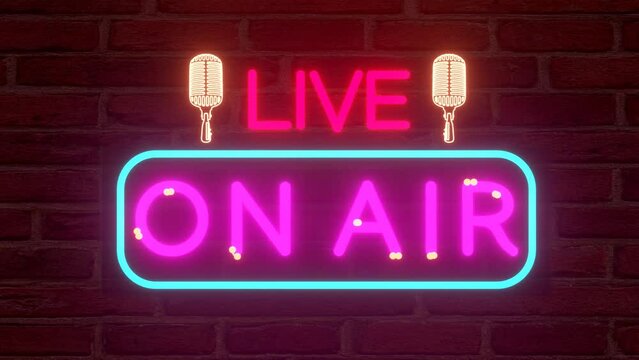 neon sign LIVE ON AIR 3d text motion graphic with orange color illuminated out line objects of the microphones as 3d modeling seamless looping animation on the brick wall.