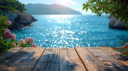 Tranquil Empty Wood Table Surface with Blurred Mediterranean Seaside Background for Photo description:This image depicts an empty wooden table
