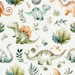 Dreamy Jurassic seamless pattern, watercolor dinos and foliage, pastel palette, nursery wall magic, captivating detail