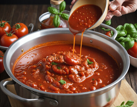 a close-up of a spoon stirring a pot of rich tomato sauce,  colorful background 