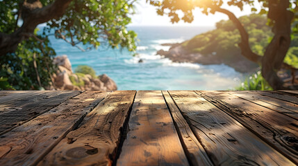 Tranquil Wooden Table Surface with Blurred Bohemian Beach Hut Backdrop for Serene Retreat or Vacation Escape
