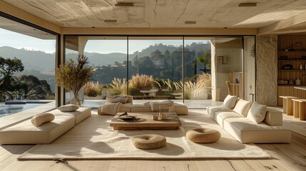 Modern Living Room with Open Glass Wall Overlooking Mountain View