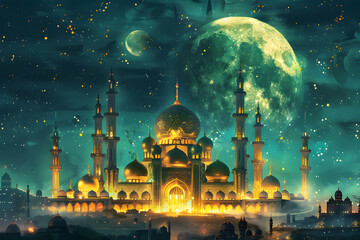 A beautiful illustration of a glittering green and golden mosque with the moon in the background, evoking a sense of tranquility and spirituality. Suitable for use in religious and cultural contexts.