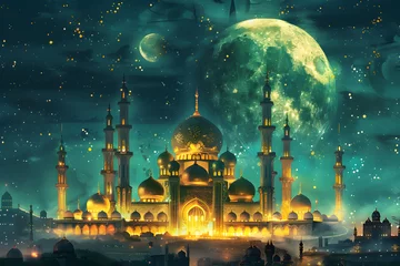 Tuinposter A beautiful illustration of a glittering green and golden mosque with the moon in the background, evoking a sense of tranquility and spirituality. Suitable for use in religious and cultural contexts. © ELmahdi-AI