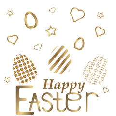 Happy Easter golden eggs, 3d golden hearts and stars on a white background. Vector illustration. Gift card template, modern poster, creative banner