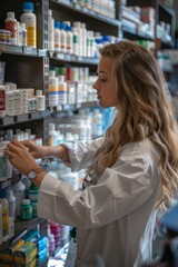 Professional Photography of a Pharmacy Shop Assistant Creating Educational Displays and Materials to Promote Health And Wellness Initiatives, Generative AI