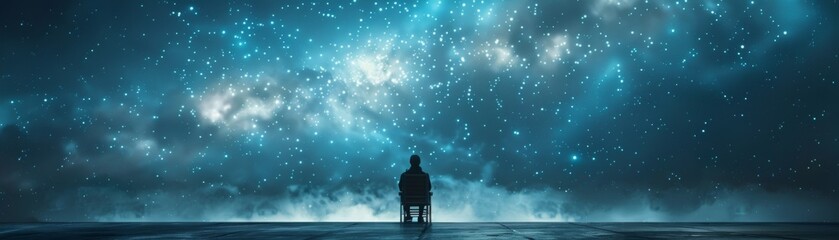 Lonely urban rooftop with a single chair facing the expansive, starry sky above, symbolizing solitude and contemplation, graphic design - obrazy, fototapety, plakaty