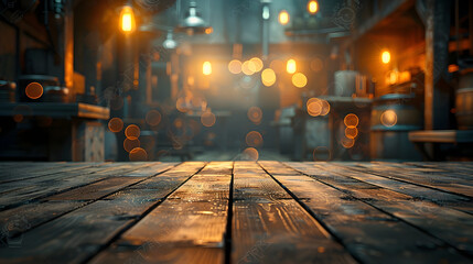 Weathered Wooden Table with Steampunk-Inspired Blurred Backdrop
