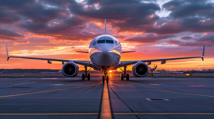 An airplane glides through the sky at sunset, encapsulating the essence of travel, aviation, and...