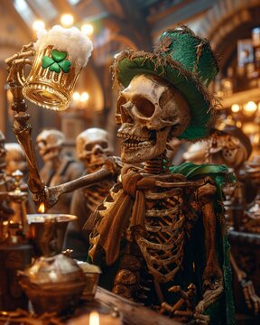 A lively illustration of a St Patricks skeleton, clad in a green top hat and shamrockcovered cloak, raising a frothy beer mug in a cheerful toast, surrounded by a festive crowd of other skeletons cele