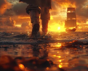 An atmospheric illustration of The Fool, set at dawn, with the figure standing at the edge of the sea, their foot hovering over the water, and a ship in the distance, symbolizing the beginning of an e