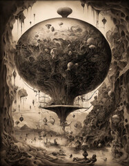Illustration in surrealism style in sepia tones.