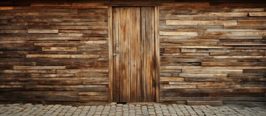 A brown hardwood wall with a rectangular wooden door in the middle. The building material is wood plank with tints and shades, creating a pattern with wood stain on the flooring - obrazy, fototapety, plakaty