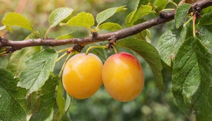 Two Ripe Yellow Cherry Plums on Branch