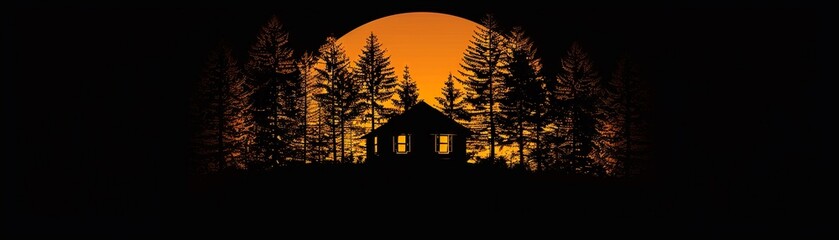 Cabin and trees silhouette forming a peaceful logo for a production company