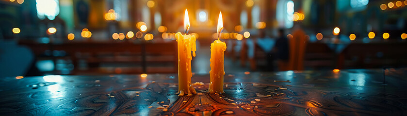 Intimate closeup of a candle flame in Orthodox church, symbol of faith and hope - obrazy, fototapety, plakaty