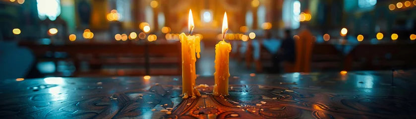 Foto op Canvas Intimate closeup of a candle flame in Orthodox church, symbol of faith and hope © Atchariya63
