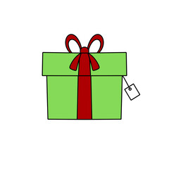 A green box with a red ribbon on top. The box is labeled with a tag