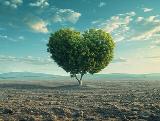 A conceptual image of a tree shaped like a heart growing on fertile land, representing love for the earth and natures bounty Love, bountiful.
