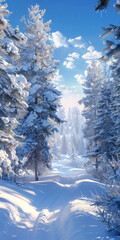 Vivid blue skies and sparkling snow create an idyllic setting in a dense evergreen forest