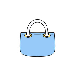 A blue purse with a white handle