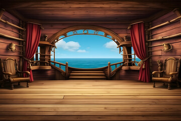 Empty pirate ship deck background for theatre stage scene design.