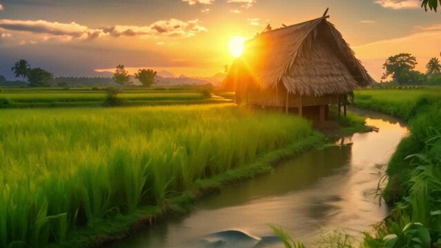video sunset rice field view 