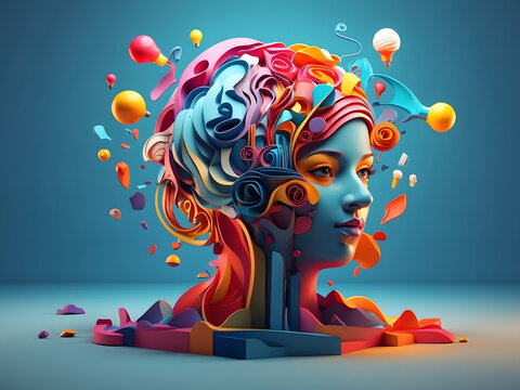 Colourful 3D illustration representing a person with a creative mind, lightbulb, imagination, and collage design.