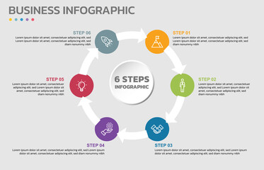 Visual data presentation. Cycle diagram with 6 options. Pie Chart Circle infographic template with 6 steps, options, parts, segments. Business concept. Marketing infographic vector illustration. - obrazy, fototapety, plakaty