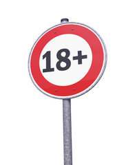 3d rendering of a traffic sign - 18 sign warning symbol isolated on white background.  18 plus - censored - eighteen age older adult content. - 768432144