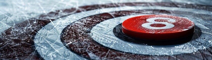 Obraz premium Sweeping curling stone from above, dynamic motion blur, clear focus on stone, competitive spirit , high resolution