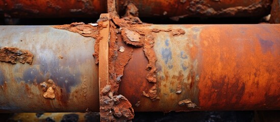 Piles of old pipes, coated in rust and peeling paint, are stacked together in a disorganized manner