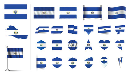 set of El Salvador flag, flat Icon set vector illustration. collection of national symbols on various objects and state signs. flag button, waving, 3d rendering symbols