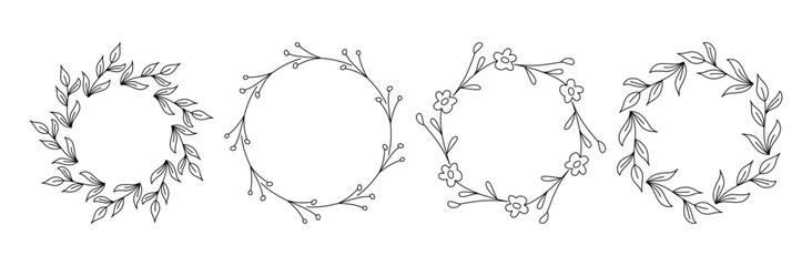 Spring and Summer Blooming Plants with Leaves Frame Collection. Natural Round Wreath Border Line Art Set.