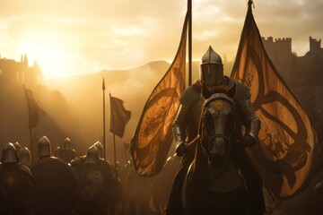 The sunset bathes the landscape in gold inspiring the Knights Templar and warriors to seek the Holy Grail - obrazy, fototapety, plakaty