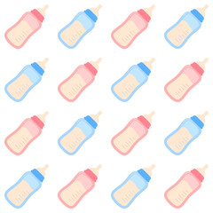 Baby Milk Bottle Seamless Pattern. Gender Reveal Party Kids Repeating Endless Background.
