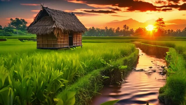 video sunset rice field view 