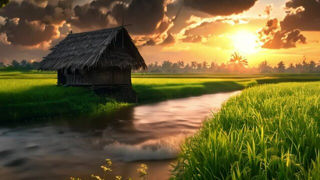 video sunset rice field view 
