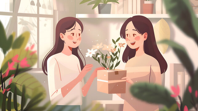 On mothers day, two young children cuddle hug and give a flower gift box to a mature mother. Love kiss mother asia adults at a cozy dining table at a night dinner party. Warm smiles and enjoying a