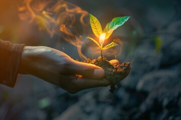 A hand holding a torch next to a sapling symbolizing growth and prosperity